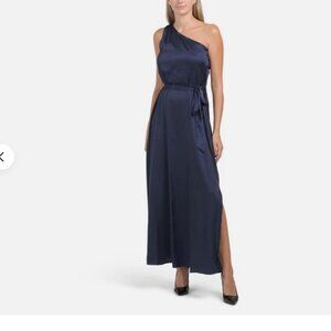 NWT Nicole Miller New York One Shoulder Navy Satin Gown Sleeveless Dress